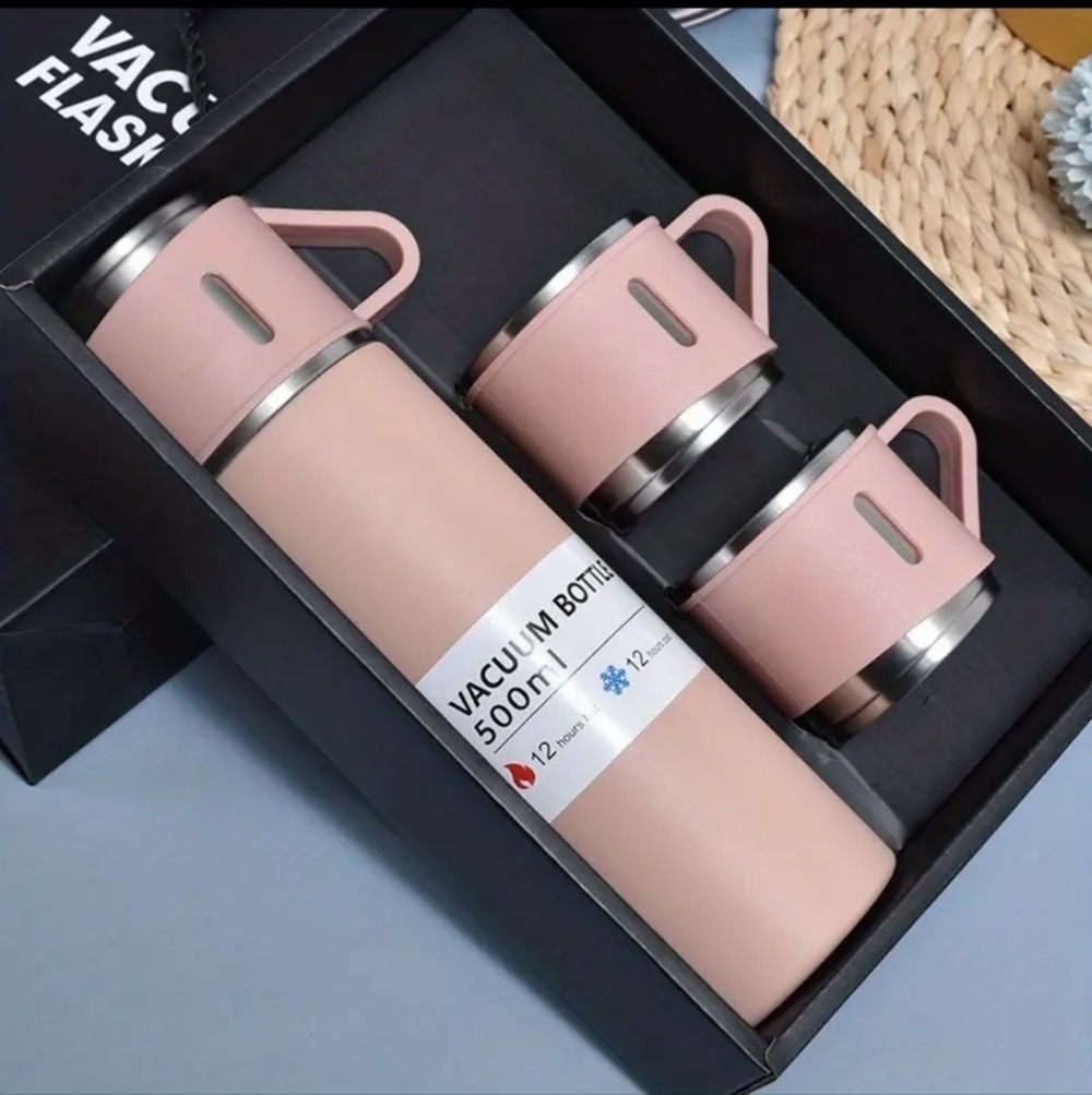 New 3pc Pink Stainless Steel Vacuum Flask Set 16.9oz Insulated Thermal Mug